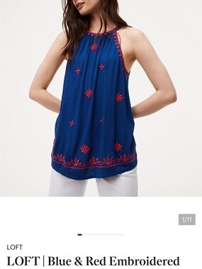 LOFT Blue Halter Embroidered Halter Top with Red Accents size S